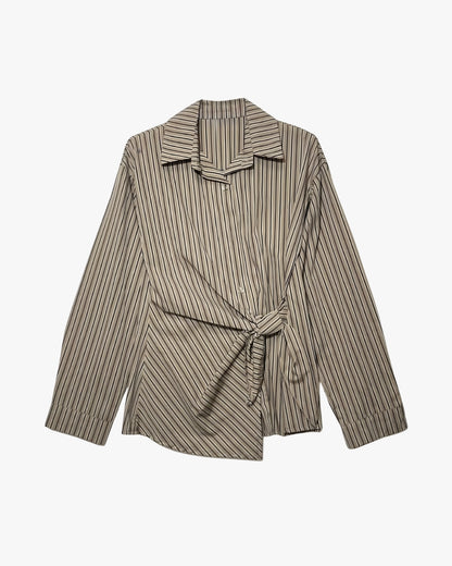STRIPED SHIRT WITH SIDE KNOT - BEIGE