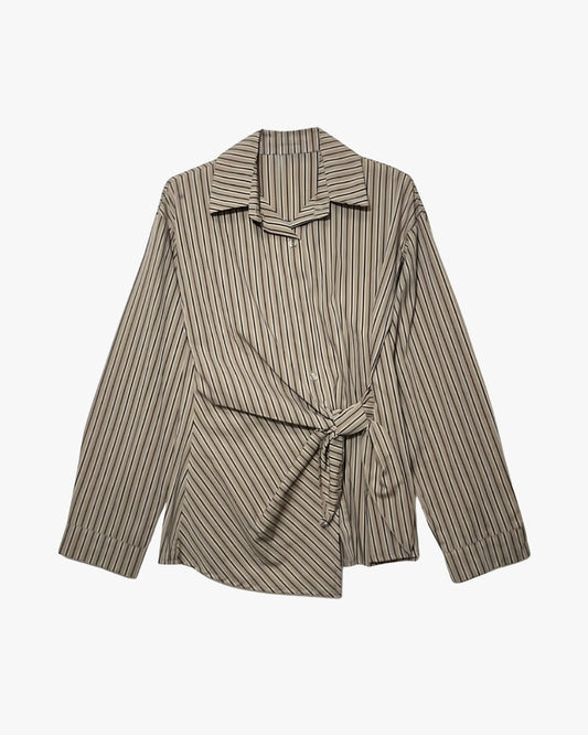 STRIPED SHIRT WITH SIDE KNOT - BEIGE